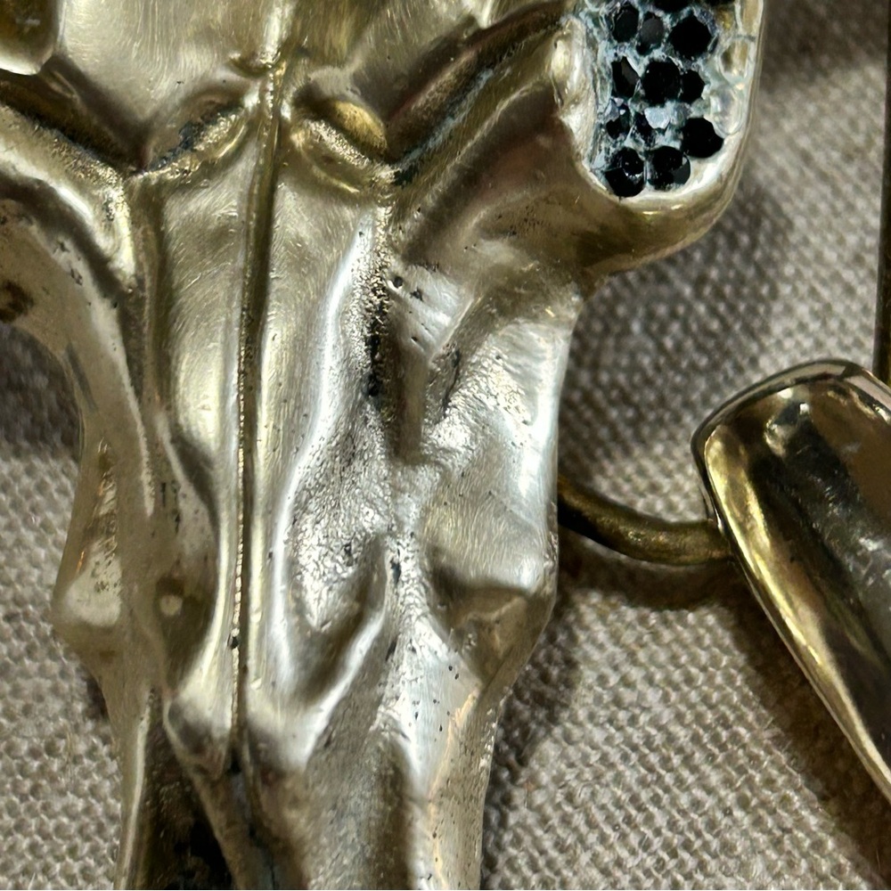 Vintage Longhorn Bull Skull Brass Belt Buckle Black Crystal Eyes - Picture 5 of 13